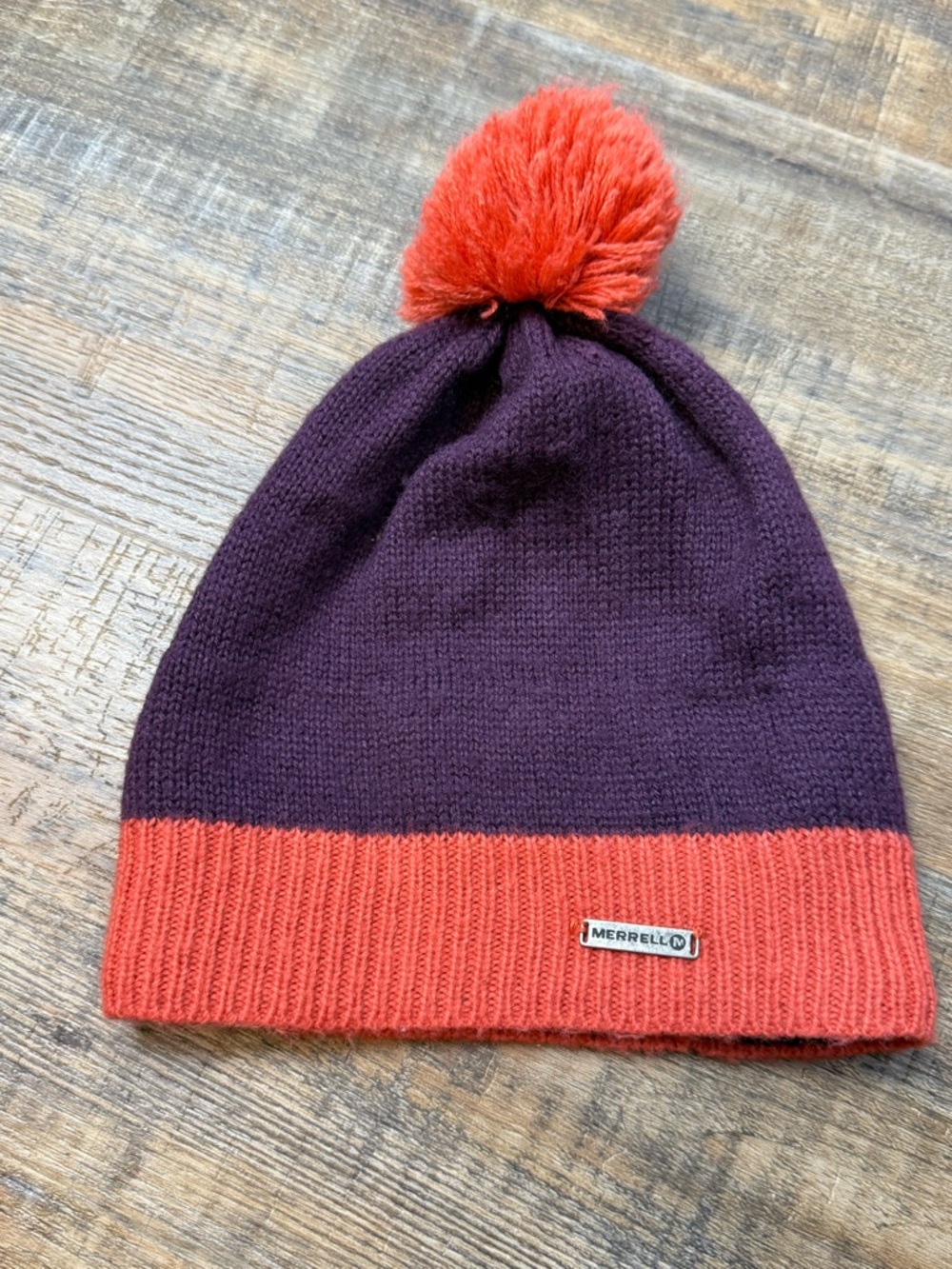 Merrell Colorblock Pom Beanie Purple Orange One Size Winter Hat